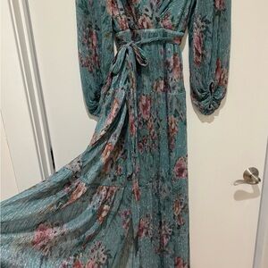 Eliza J Teal Floral Maxi Gown with V-Neck- Size 10
